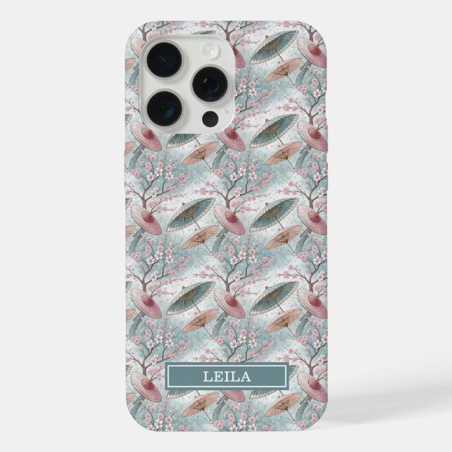 Japanese Sakura Umbrella Pattern Monogrammed iPhone Case (Back)