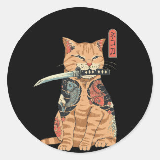 Japanese Samurai Cat Classic Round Sticker