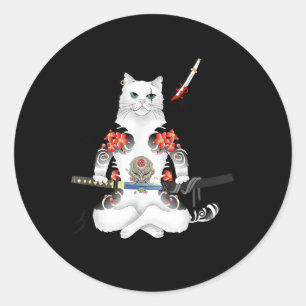 Japanese Samurai Cat Katana Ninja Yakuza Tattoo Classic Round Sticker
