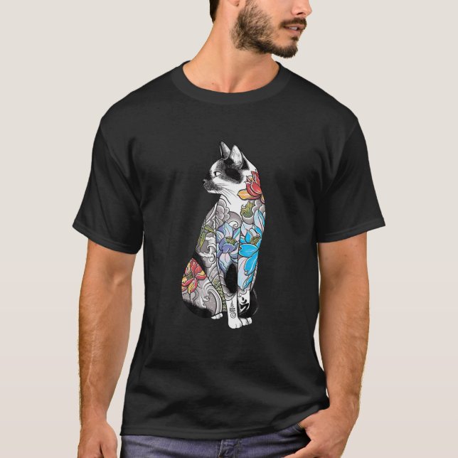 Japanese Samurai Cat Katana Ninja Yakuza Tattoo T-Shirt (Front)