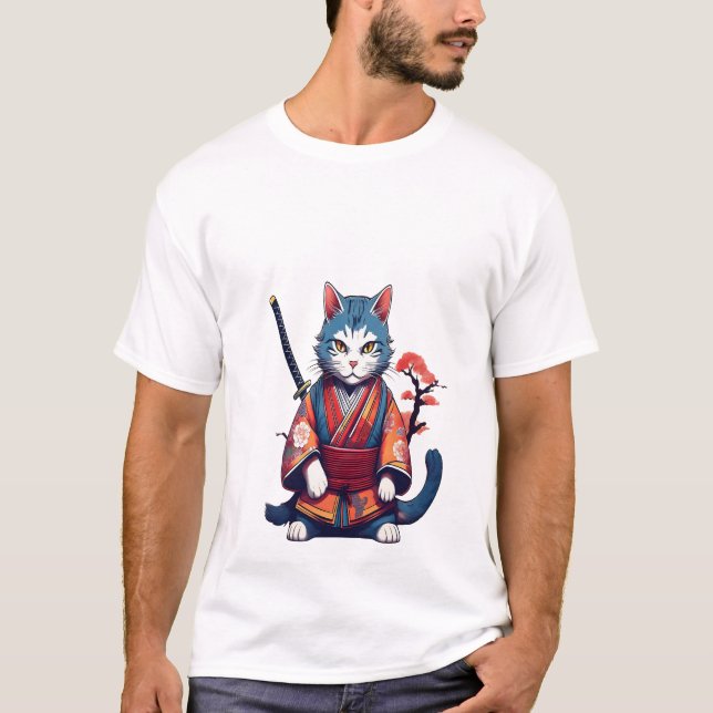 Japanese Samurai Cat Ninja Warrior T-Shirt (Front)