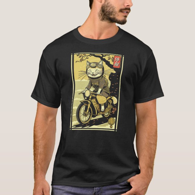 Japanese Samurai Cat on Motorcycle Kawaii Ninja Ca T-Shirt (Front)