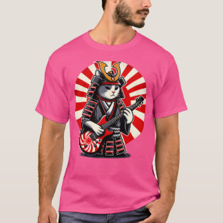 Japanese Samurai Cat Playing Electric Guitar Playe T-Shirt