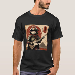 Japanese Samurai Cat Playing Electric Guitar Retro T-Shirt