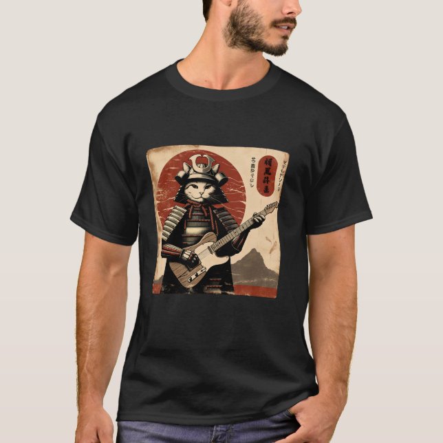 Japanese Samurai Cat Playing Electric Guitar Retro T-Shirt (Front)