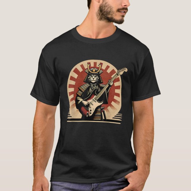 Japanese Samurai Cat Playing Electric Guitar Retro T-Shirt (Front)
