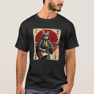 Japanese Samurai Cat Playing Electric Guitar Retro T-Shirt
