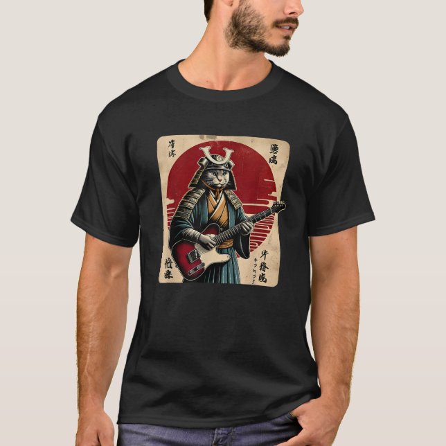 Japanese Samurai Cat Playing Electric Guitar Retro T-Shirt (Front)