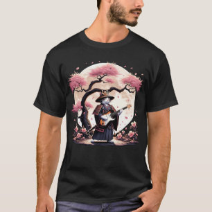 Japanese Samurai Cat Playing Electric Guitar T-Shirt