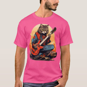 Japanese Samurai Cat Playing The Electric Guitar T-Shirt