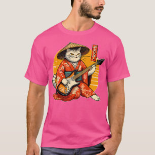 Japanese Samurai Cat Playing The Electric Guitar T-Shirt