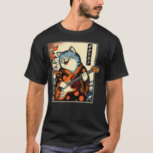 Japanese Samurai Cat Playing The Electric Guitar T-Shirt