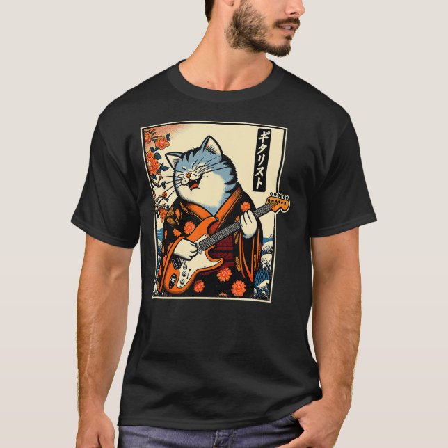 Japanese Samurai Cat Playing The Electric Guitar T-Shirt (Front)