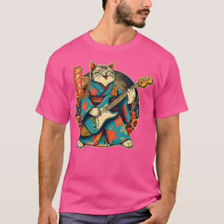 Japanese Samurai Cat Playing The Electric Guitar T-Shirt