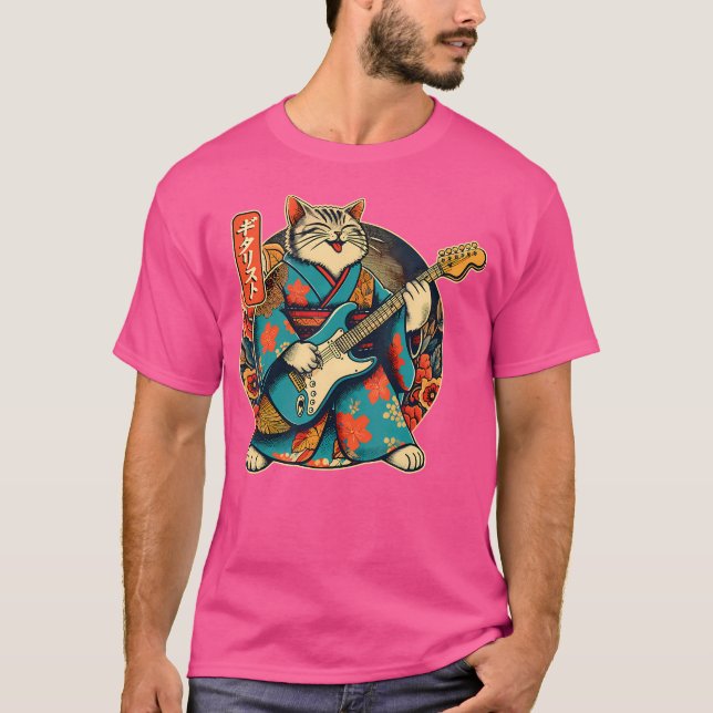 Japanese Samurai Cat Playing The Electric Guitar T-Shirt (Front)