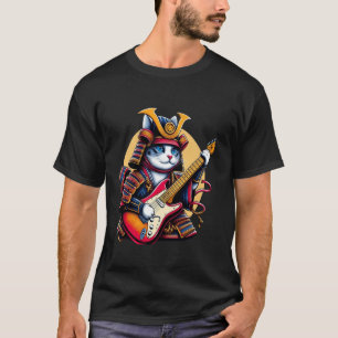 Japanese Samurai Cat Playing The Electric Guitar.  T-Shirt