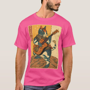 Japanese Samurai Cat Playing The Electric Guitar T-Shirt
