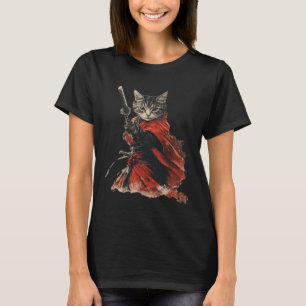 Japanese Samurai Cat Red Robe Katana Sword Art T-Shirt