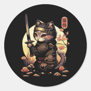 Japanese Samurai Cat Tattoo, Kawaii Ninja Cat Classic Round Sticker