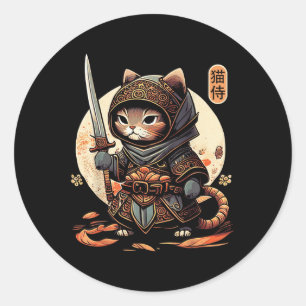 Japanese Samurai Cat Tattoo Kawaii Ninja Cat  Classic Round Sticker