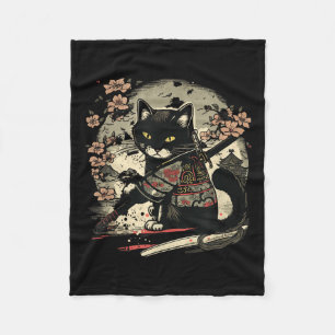 Japanese Samurai Cat Tattoo, Vintage Kawaii Ninja  Fleece Blanket