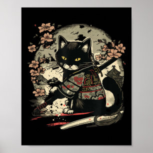 Japanese Samurai Cat Tattoo, Vintage Kawaii Ninja Poster