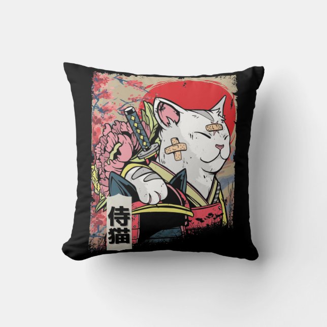 Japanese Samurai Cat Warrior Japan Ninja Kitten Cushion (Front)