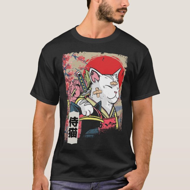 Japanese Samurai Cat Warrior Japan Ninja Kitten T-Shirt (Front)