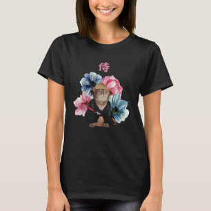 Japanese Samurai Cat Watercolor Flowers T-Shirt