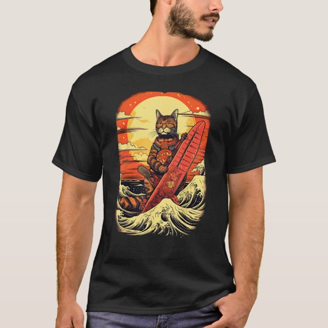 Japanese Samurai Cat with wave & mountain Illustra T-Shirt (Front)