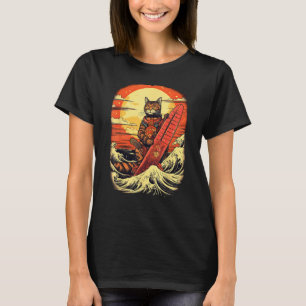 Japanese Samurai Cat with wave & mountain Illustra T-Shirt