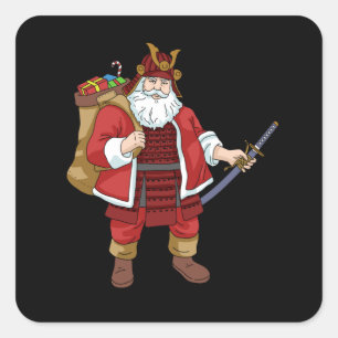 Japanese Samurai Christmas Warrior Santa Claus Square Sticker