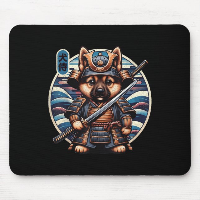 Japanese Samurai Dog Tattoo, German Shepherd Kawai Mouse Mat (Front)