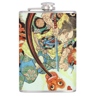 Japanese Samurai fighting giant white monkey Hip Flask