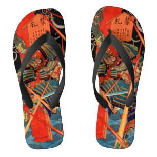 Japanese Samurai fighting monster Flip Flops