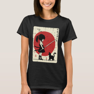 Japanese Samurai Girl Black Cat Kawaii Anime Girls T-Shirt