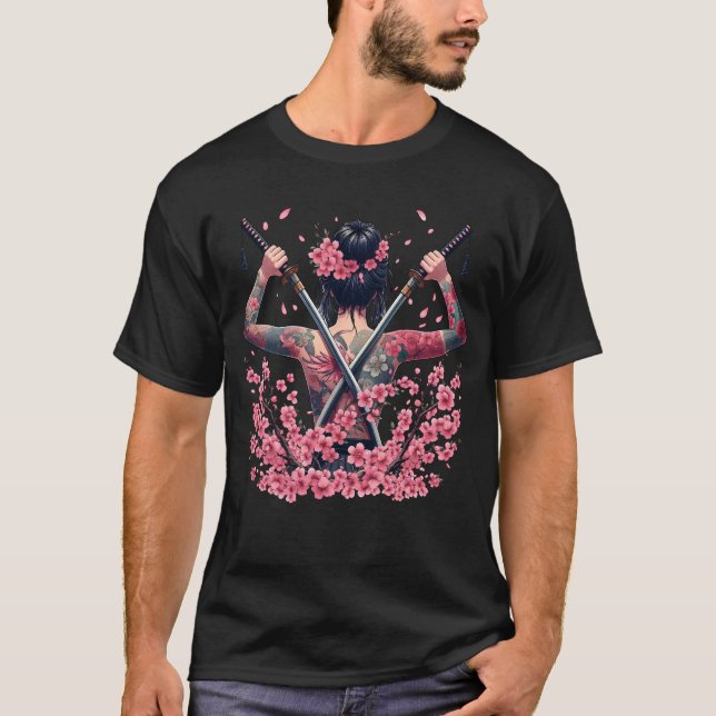 Japanese Samurai Girl Cherry Blossom Aesthetic T-Shirt (Front)