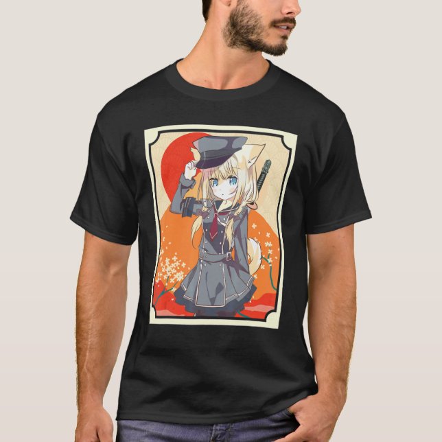 Japanese Samurai Girl Policewoman Cat Ears Katana  T-Shirt (Front)