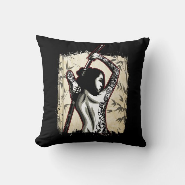 Japanese Samurai Girl Tattooed Female Warrior Cushion (Front)