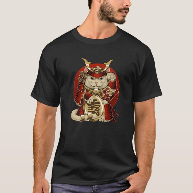 Japanese Samurai Maneki Neko Cat Bushido Aesthetic T-Shirt (Front)