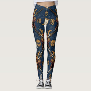 Japanese Samurai Mask and Katana Pattern Leggings