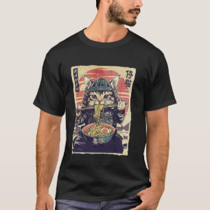 Japanese Samurai Ninja Cat Eating Ramen T-Shirt