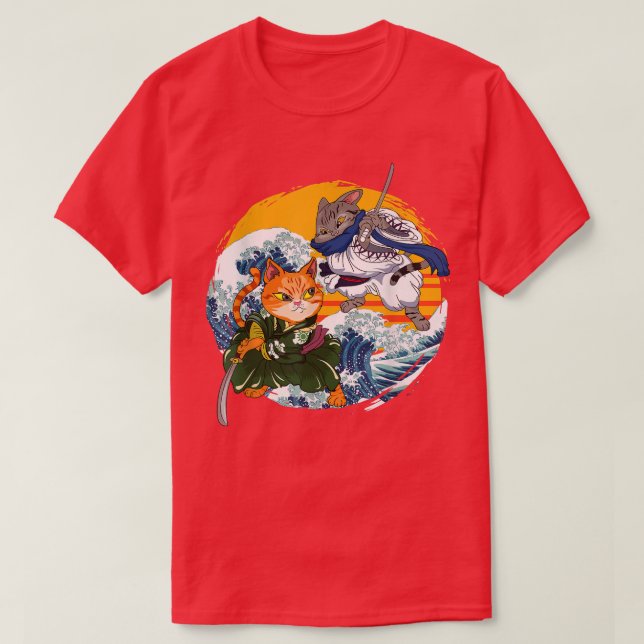 Japanese Samurai Ninja Cat Kawaii Cat Warrior Anim T-Shirt (Design Front)