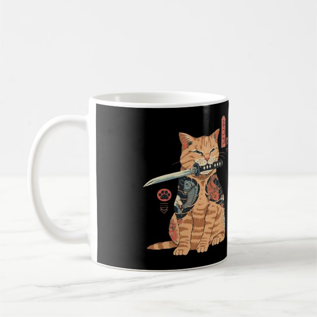 Japanese Samurai Ninja Cat Kawaii Tattoo Graphic Coffee Mug (Left)