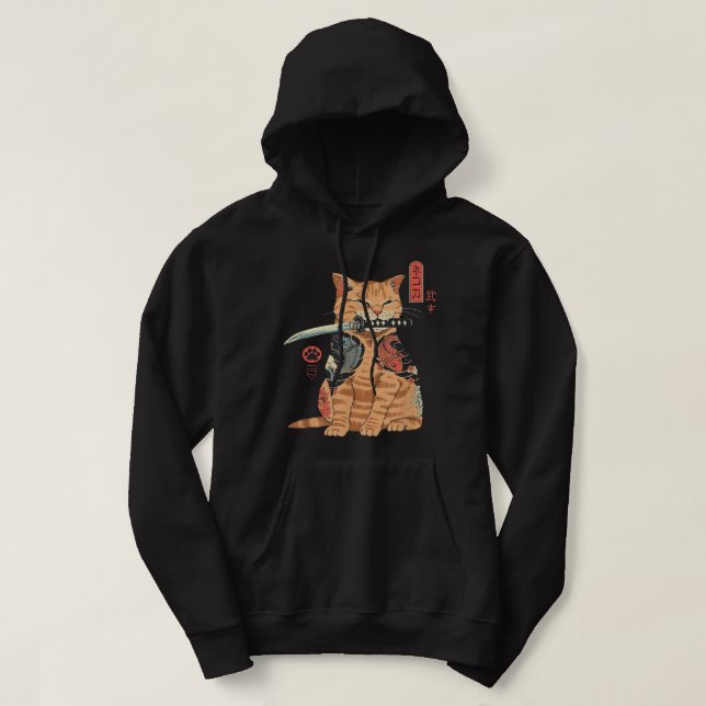 Japanese Samurai Ninja Cat Kawaii Tattoo Graphic Hoodie (Design Front)