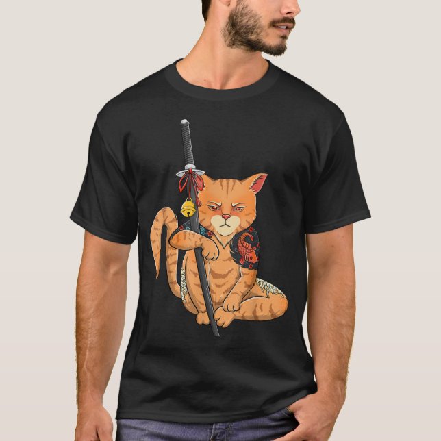 Japanese Samurai Ninja Cat Kawaii Tattoo Graphic P T-Shirt (Front)