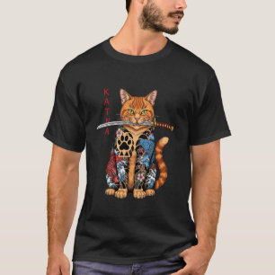 Japanese Samurai Ninja Cat Kawaii Tattoo Graphic T-Shirt