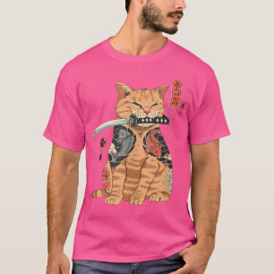 Japanese Samurai Ninja Cat Kawaii Tattoo Graphic T-Shirt