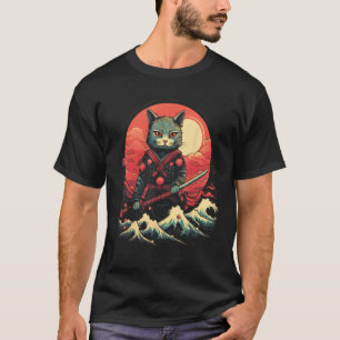 Japanese Samurai Ninja Cat Retro Tattoo Graphic # T-Shirt