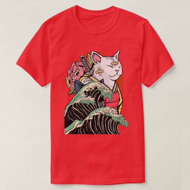 Japanese Samurai Ninja Cat The great wave Kanagawa T-Shirt (Design Front)